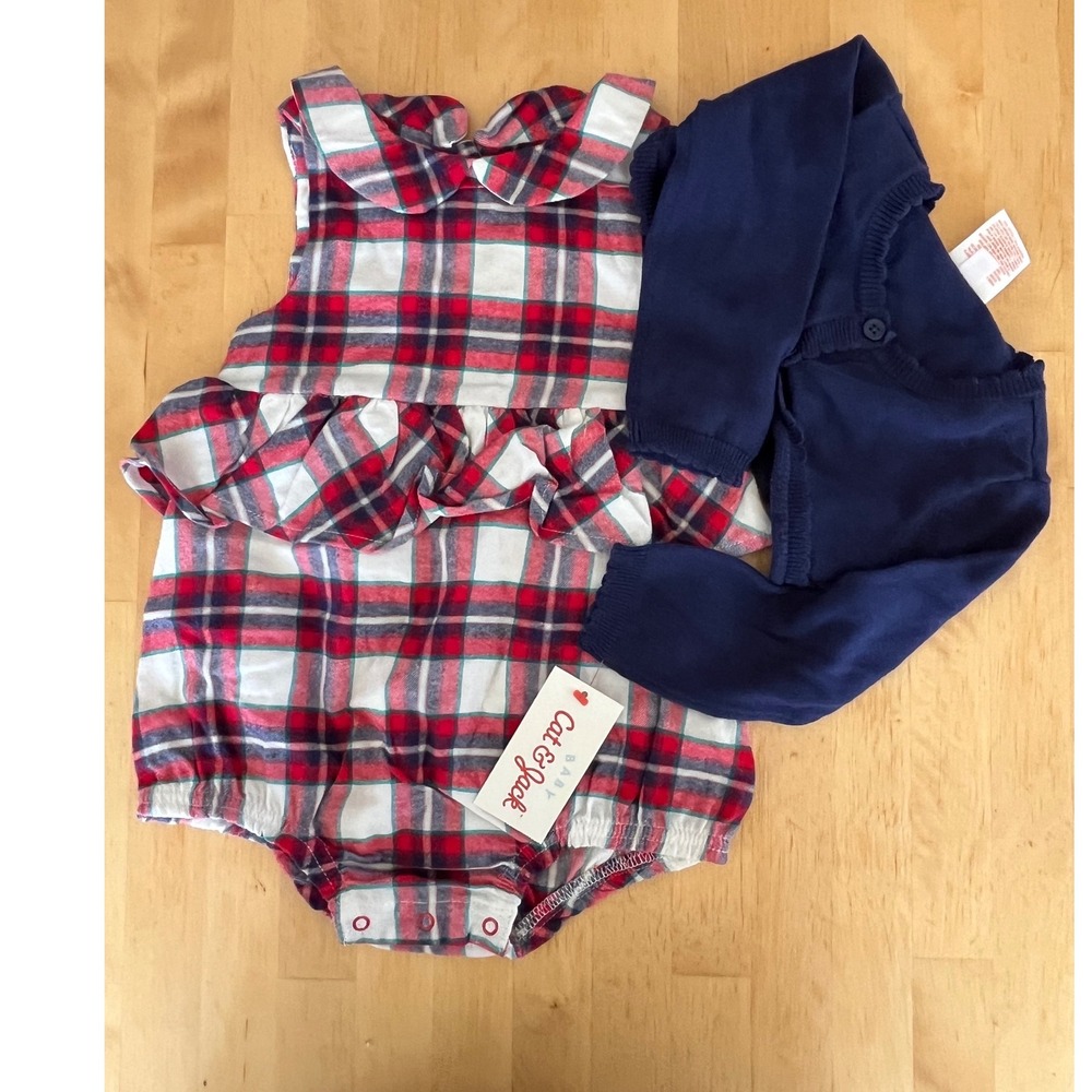 Cat & Jack Baby Girls Plaid Romper and Cardigan Set 18M Red Navy Blue NWT